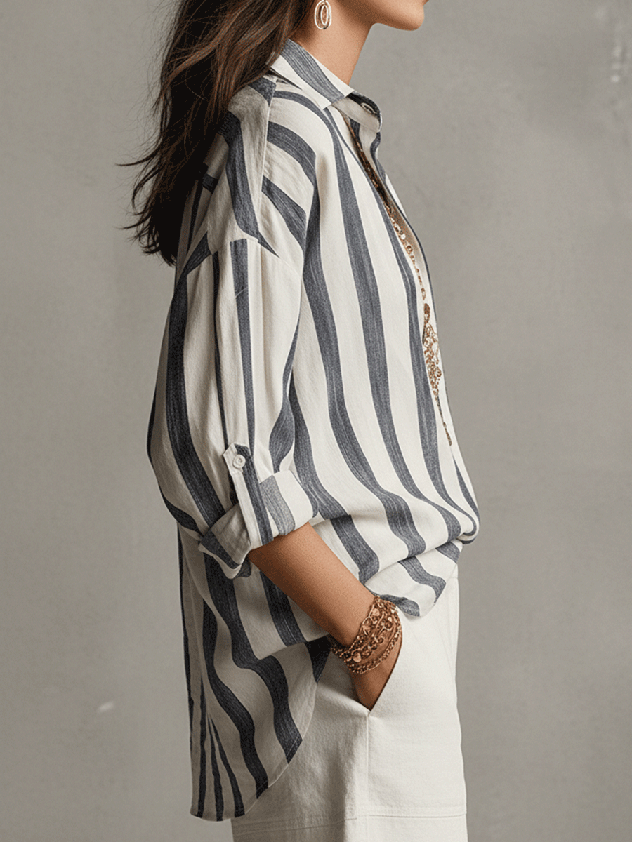 Daniela | Camisa Casual de Rayas en Algodón y Lino de Manga Larga