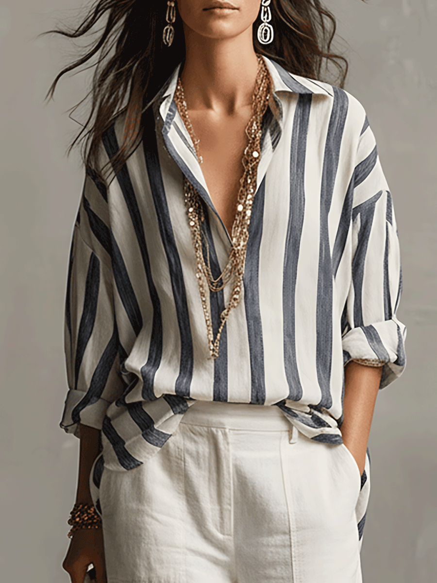 Daniela | Camisa Casual de Rayas en Algodón y Lino de Manga Larga