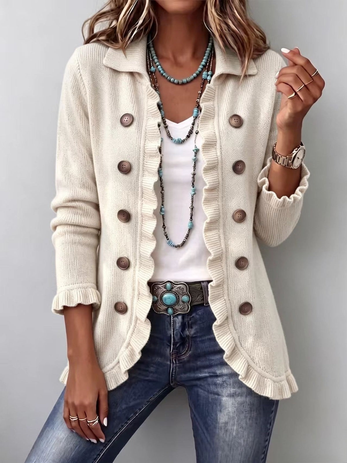 Antonieta | Chaqueta de Punto Marfil con Volante