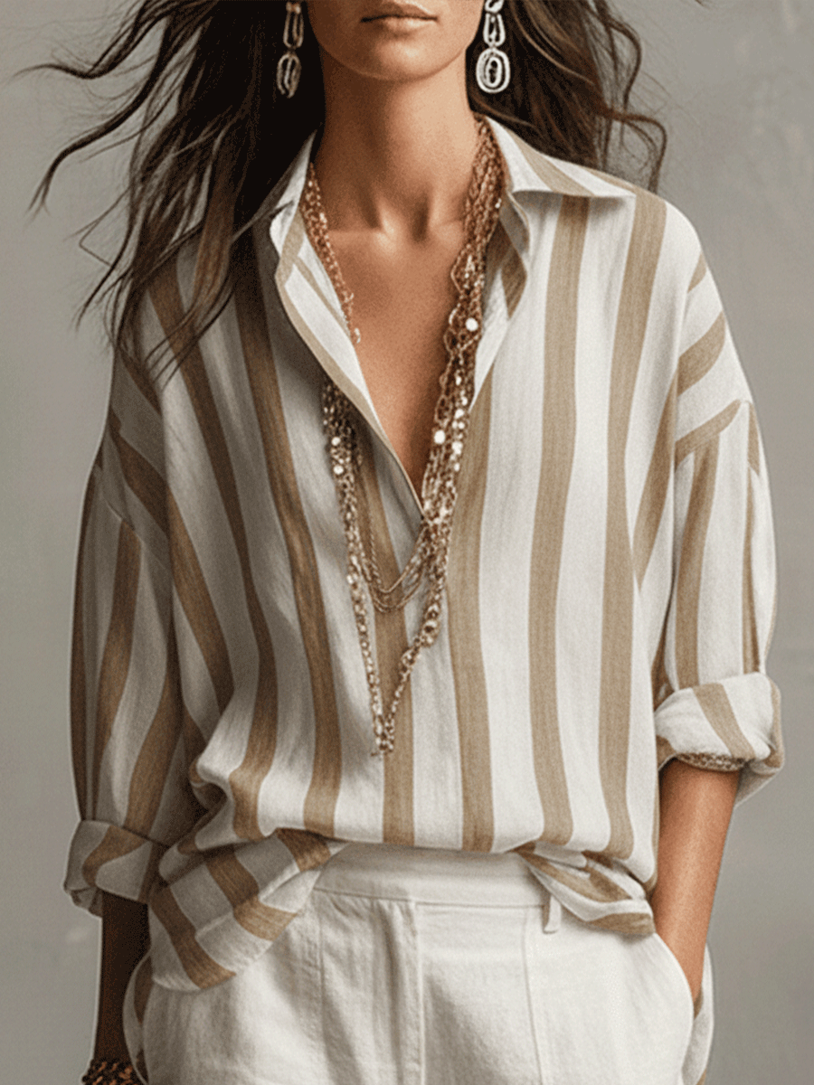 Daniela | Camisa Casual de Rayas en Algodón y Lino de Manga Larga