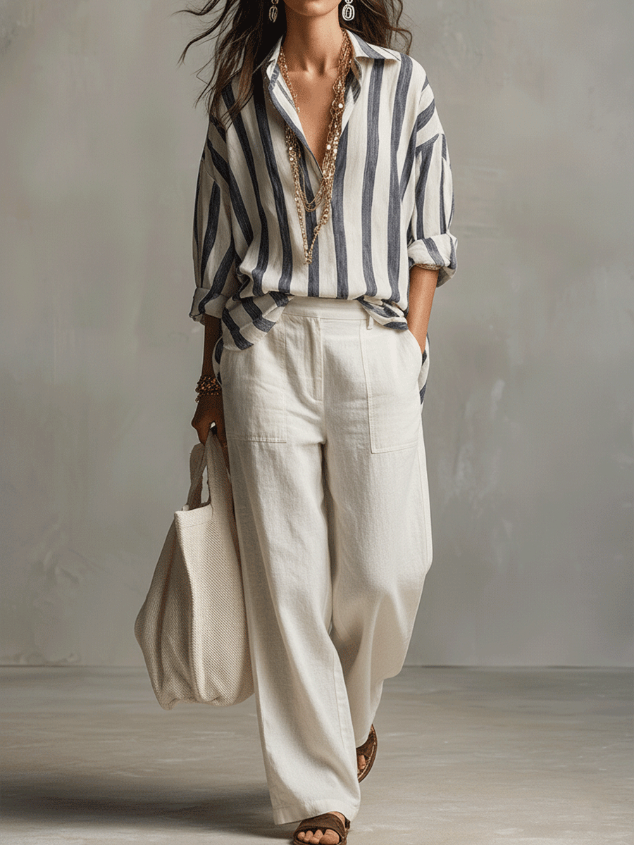 Daniela | Camisa Casual de Rayas en Algodón y Lino de Manga Larga