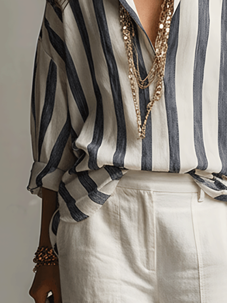 Daniela | Camisa Casual de Rayas en Algodón y Lino de Manga Larga