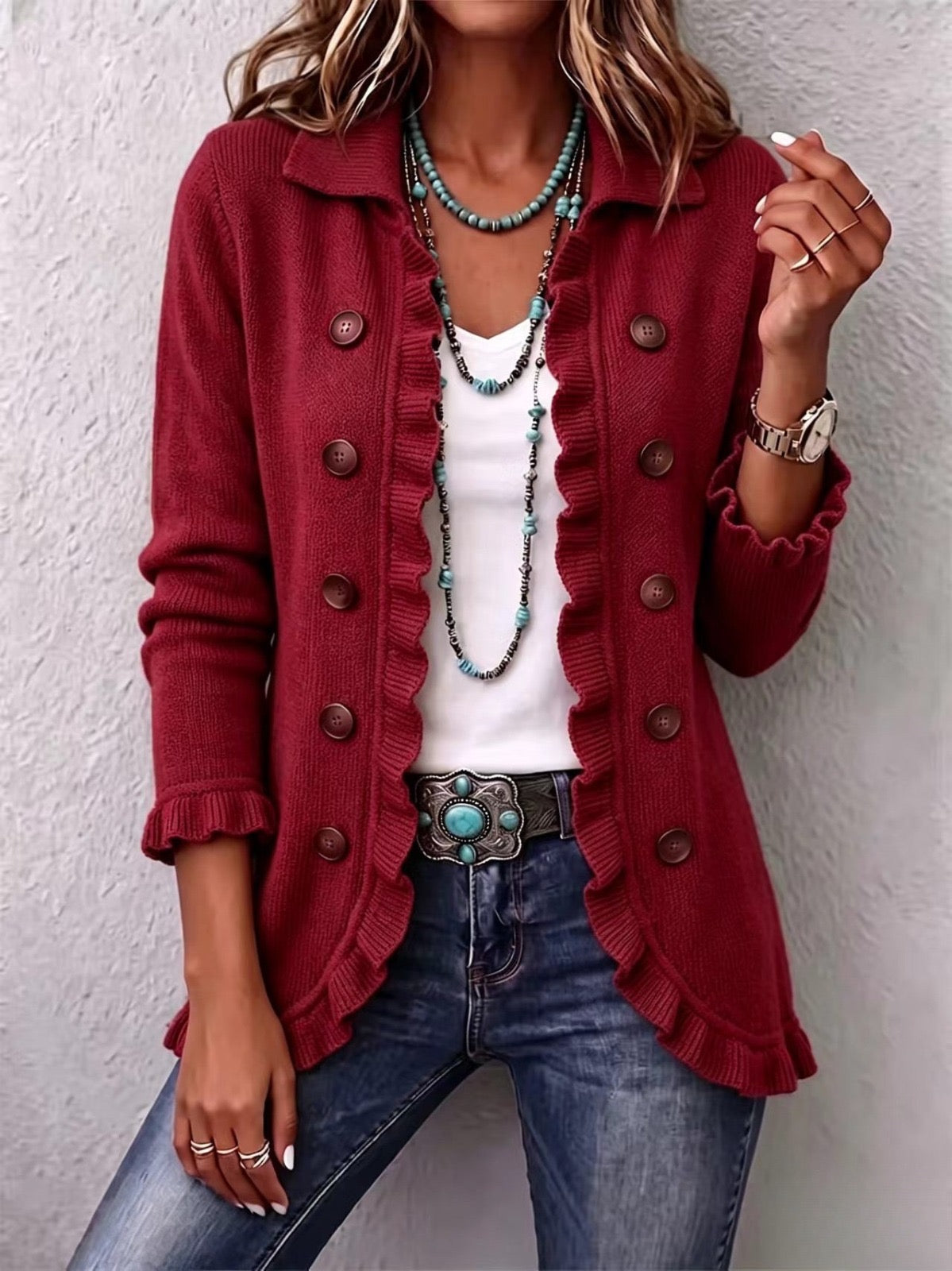 Anunciación | Chaqueta de Punto Rojo Rubí con Volante
