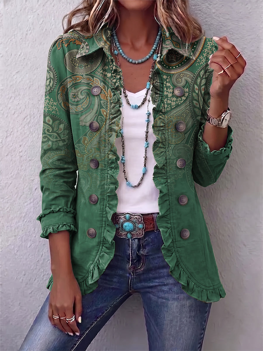 Dolores | Chaqueta Estampado Cachemira Verde con Volante